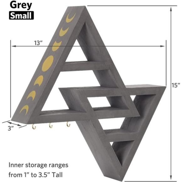 Moon Phase Triangle Shelf with Hooks - Rustic Moon Shelf for Crystals- Grey - Picture 2 of 7
